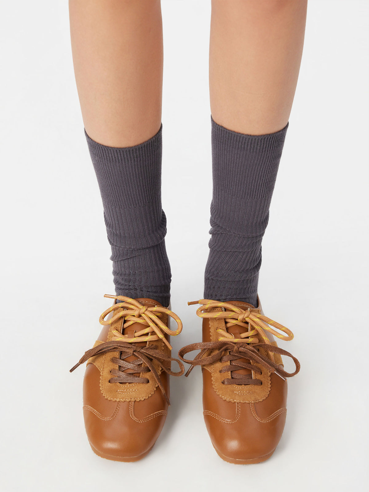 Brown Cow Suede And Cow Leather Square-Toe Lace-Up Flats Sneakers