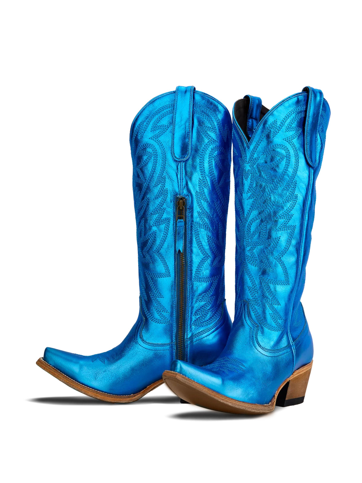 Western Snip-Toe Embroidery Classic Knee High Half-Zip Cowgirl Boots - Metallic Blue