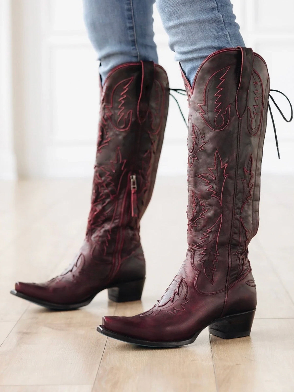 Half-Zip Snip-Toe Embroidery And Inlay Back Lace-Up Knee High Cowgirl Boots - Dark Red