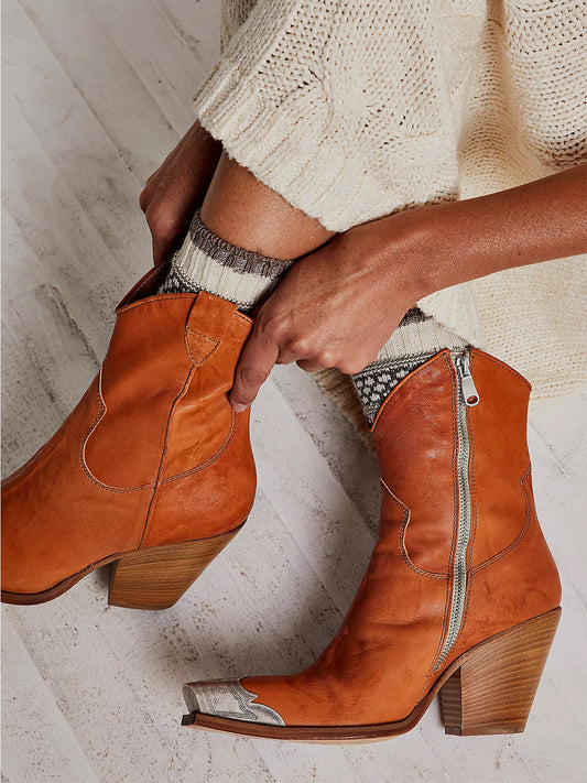 Metal Snip-Toe Full-Zip Classic Cowgirl Ankle Boots - Tan