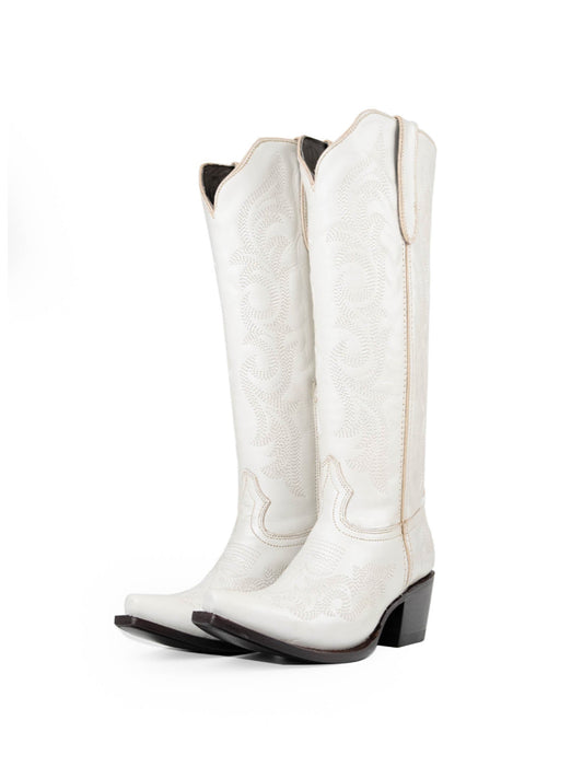 Snip-Toe Chic Embroidery Half-Zip Knee High Cowgirl Boots For Woman - White
