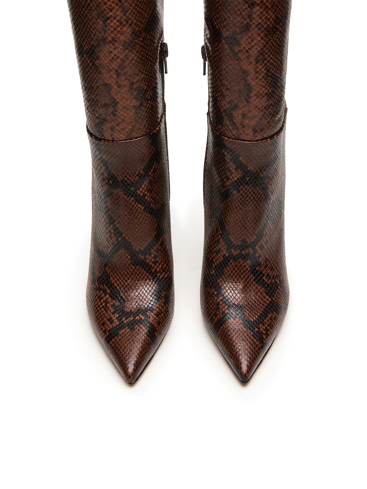 Brown Snakeskin Pattern Pointed-Toe Half-Zip Knee High Stiletto Boots
