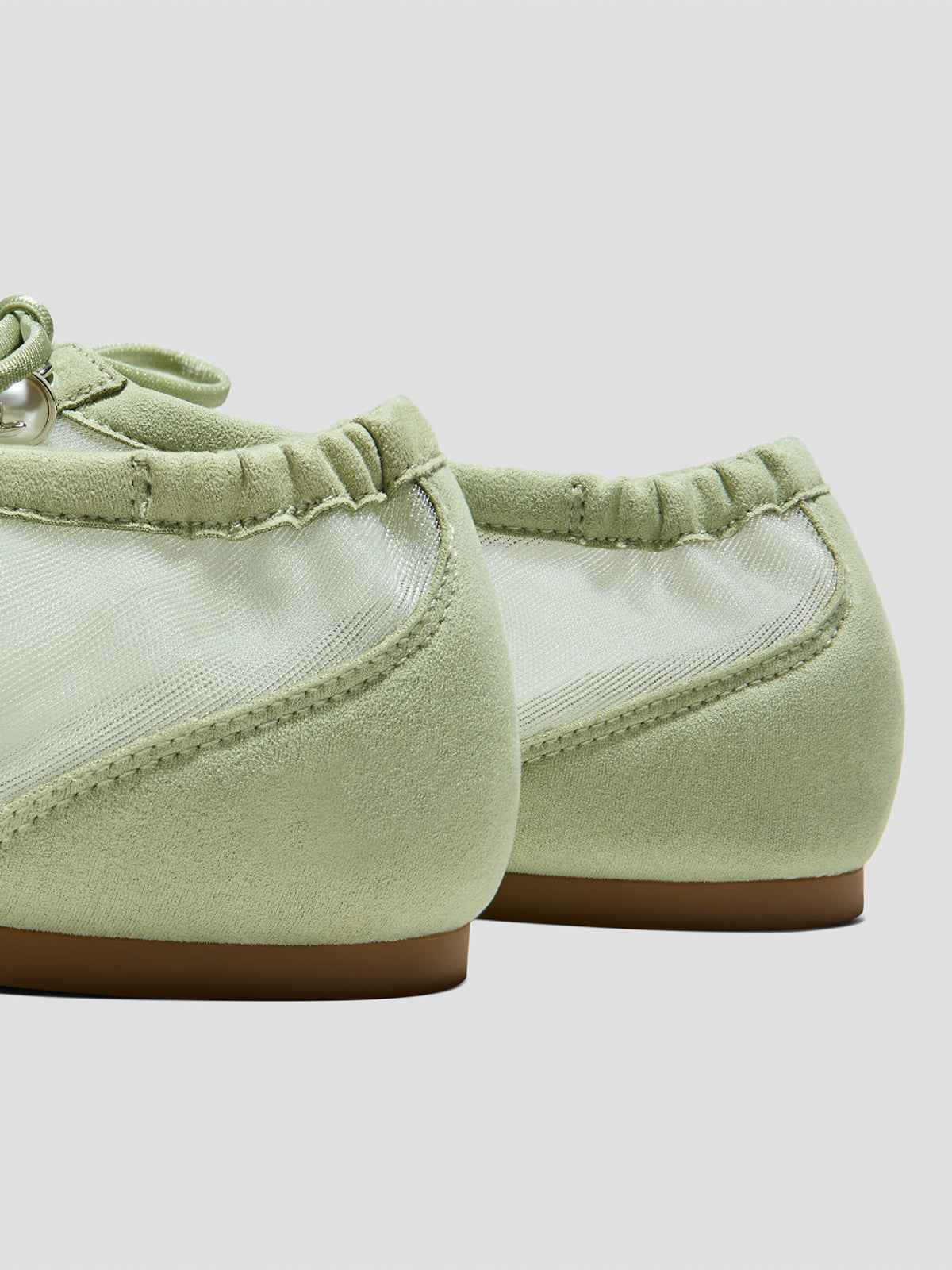 Matcha Green Mesh And Faux Suede Square-Toe Floral Embroidery Bridge Bow Strap Flats