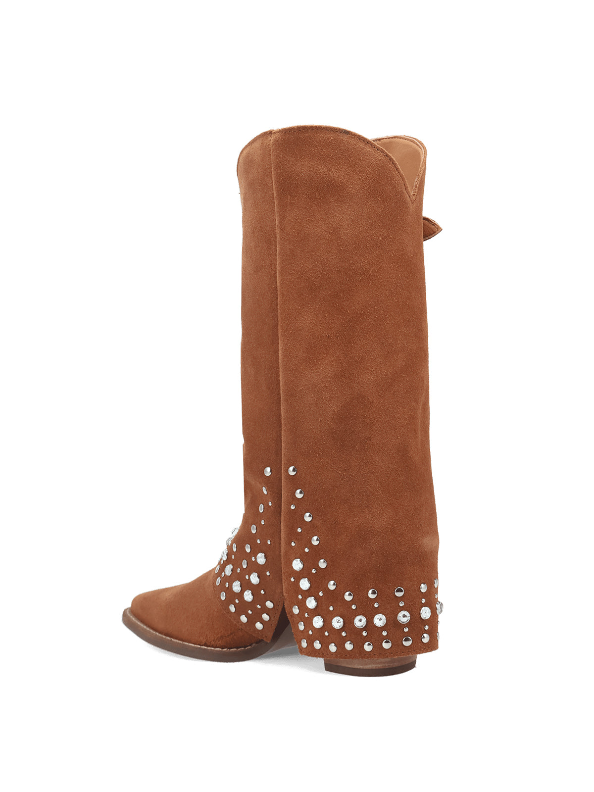 Brown Faux Suede Snip-Toe Fold-Over Rhinestones Top Buckle Mid Calf Cowgirl Boots