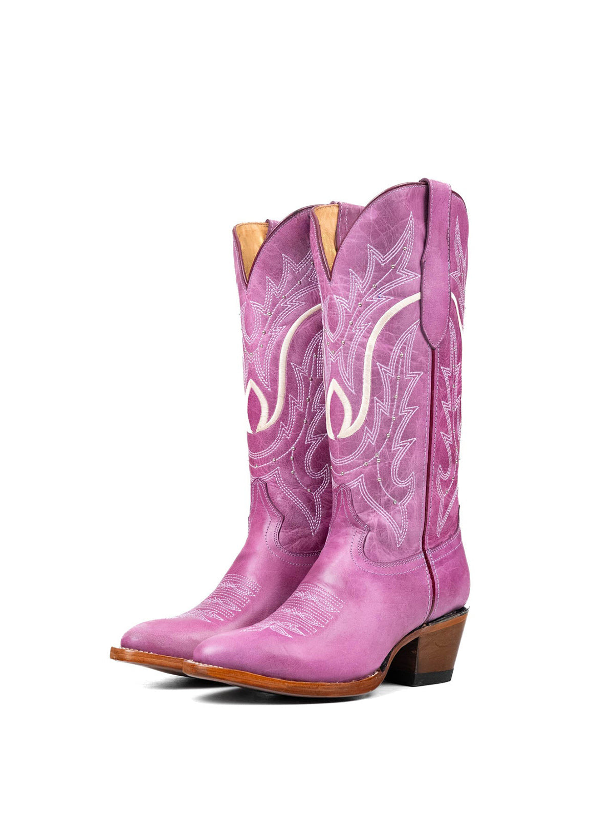 Lilac Almond-Toe Embroidery With Studs Half-Zip Mid Calf Cowgirl Boots