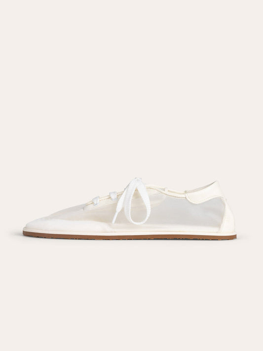 White Mesh Round-Toe Flats With Laces