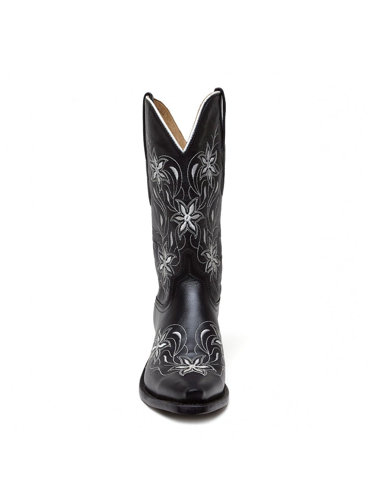 Black Snip-Toe Floral Embroidery Mid Calf Cowgirl Boots