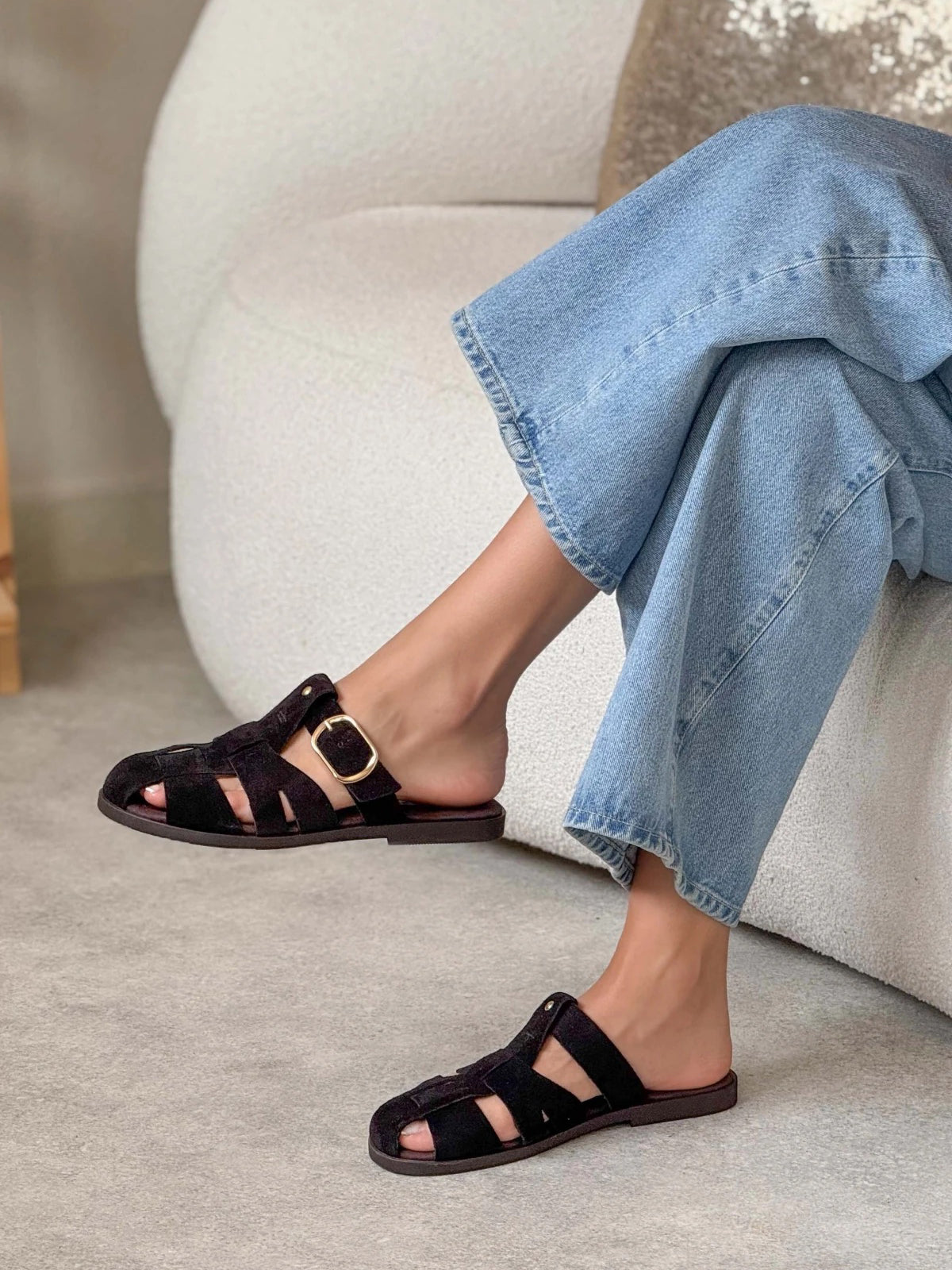 Black Cow Suede Round-Toe Caged Detail Backless Flats