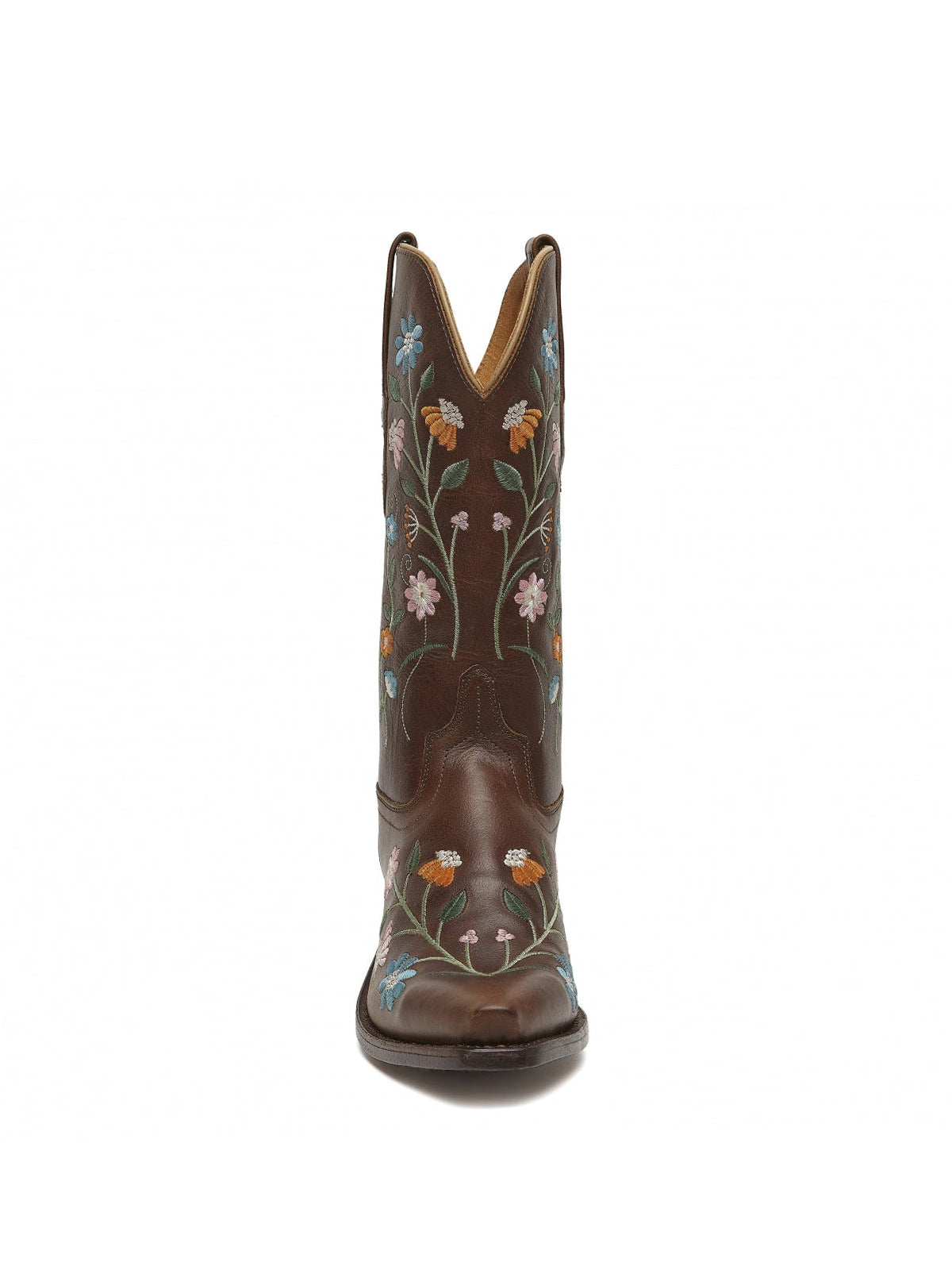 Dark Brown Floral Embroidery Snip-Toe Wide Mid Calf Cowgirl Boots