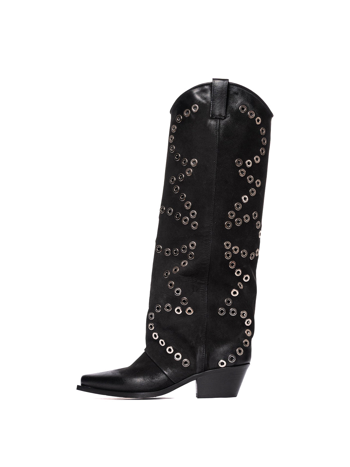 Black Faux Suede Snip-Toe Eyelet Wide Calf Knee High Cowgirl Boots