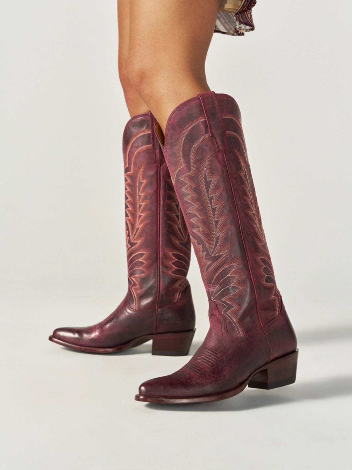 Western Embroidery Almond-Toe Tall Knee High Cowgirl Boots - Wine Red