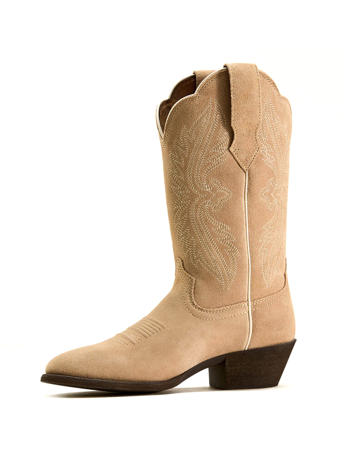 Taupe Faux Suede Embroidery Almond-Toe Mid Calf Cowgirl Boots