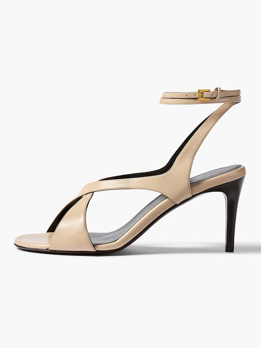 Nude Round-Toe Crossed Straps Back And Ankle Strap Sandals Kitten Heels