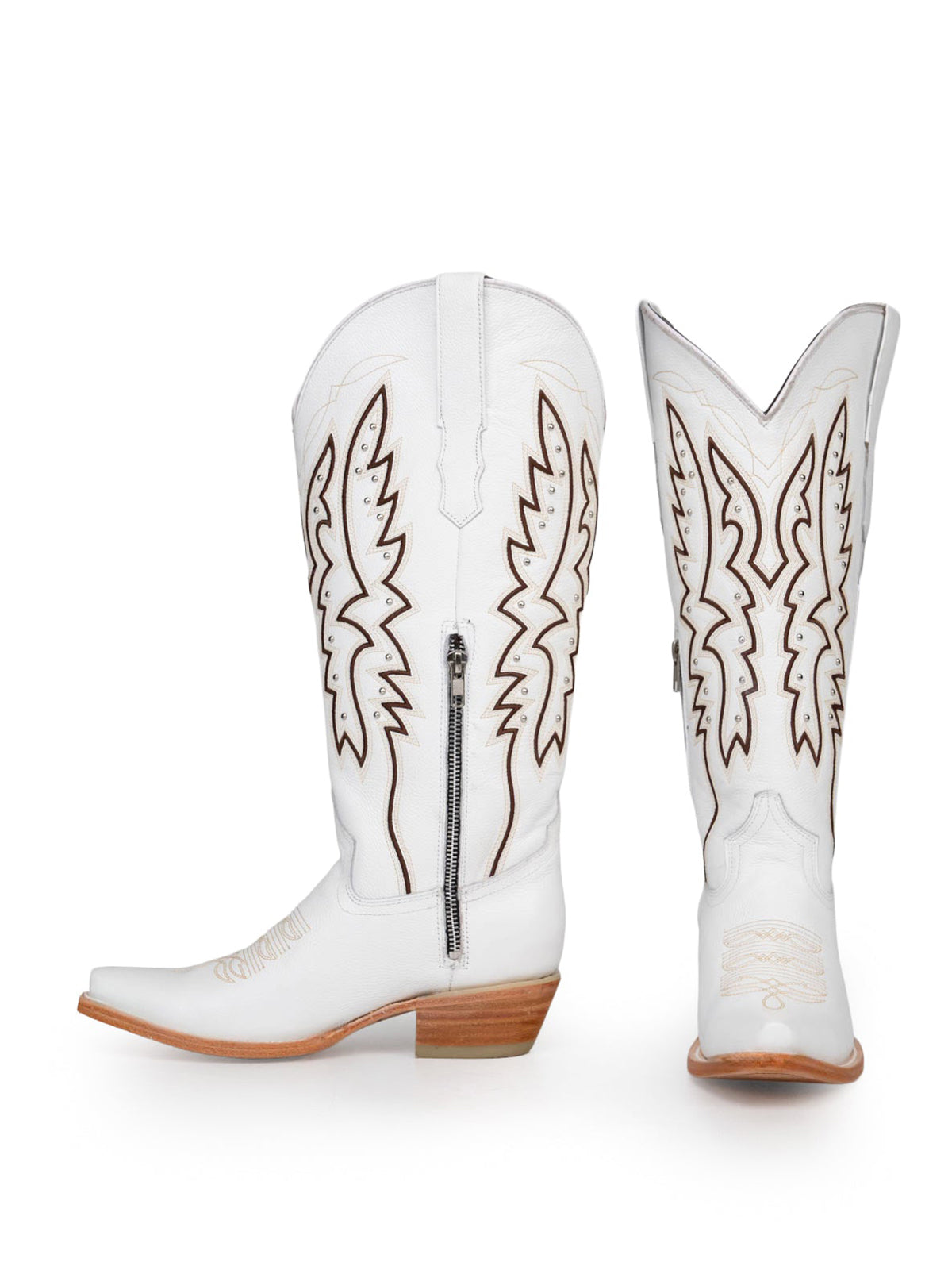 Western Snip-Toe Embroidery Half-Zip Knee High Cowgirl Boots - White