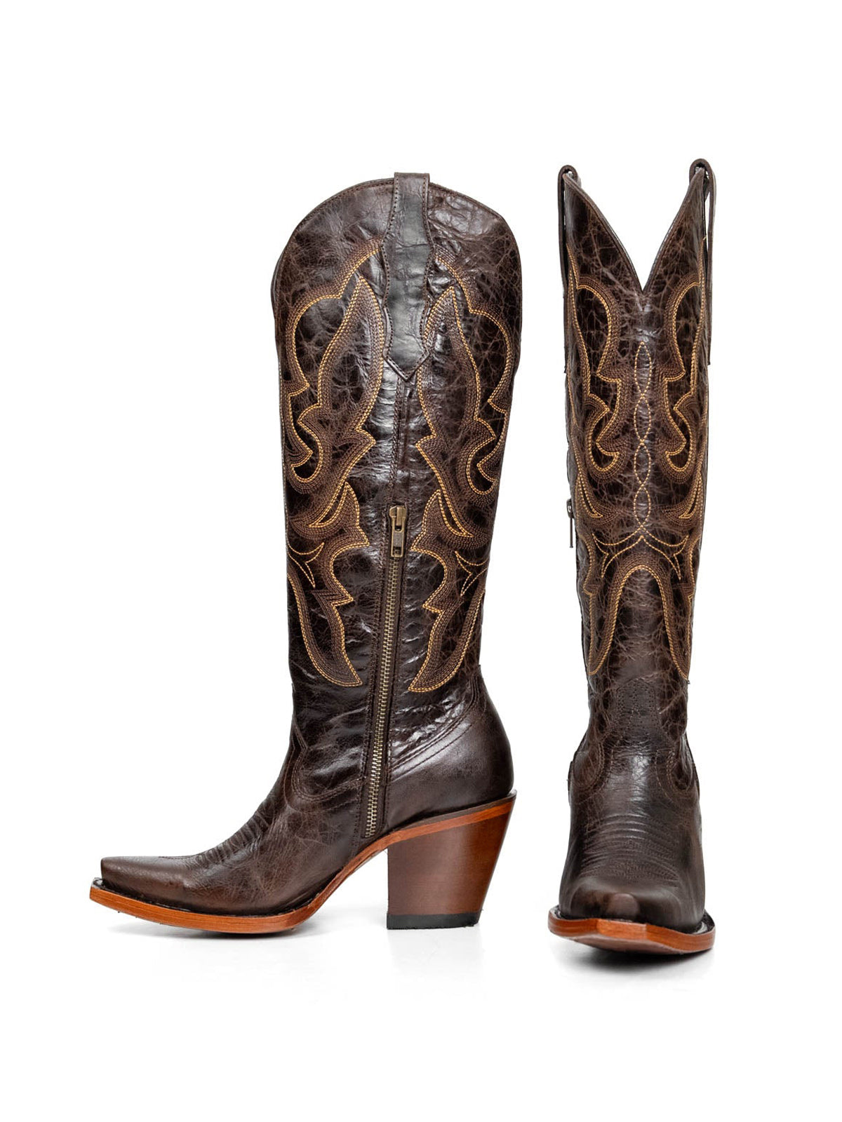 Western Snip-Toe Embroidery Half-Zip Knee High Chic Cowgirl Boots - Dark Coffee
