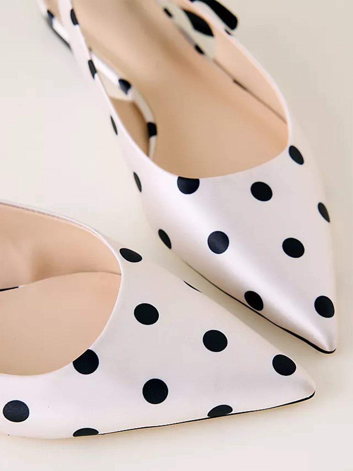 Ivory Polka Dot Satin Pointed-Toe Side-Bow Slingback Flats