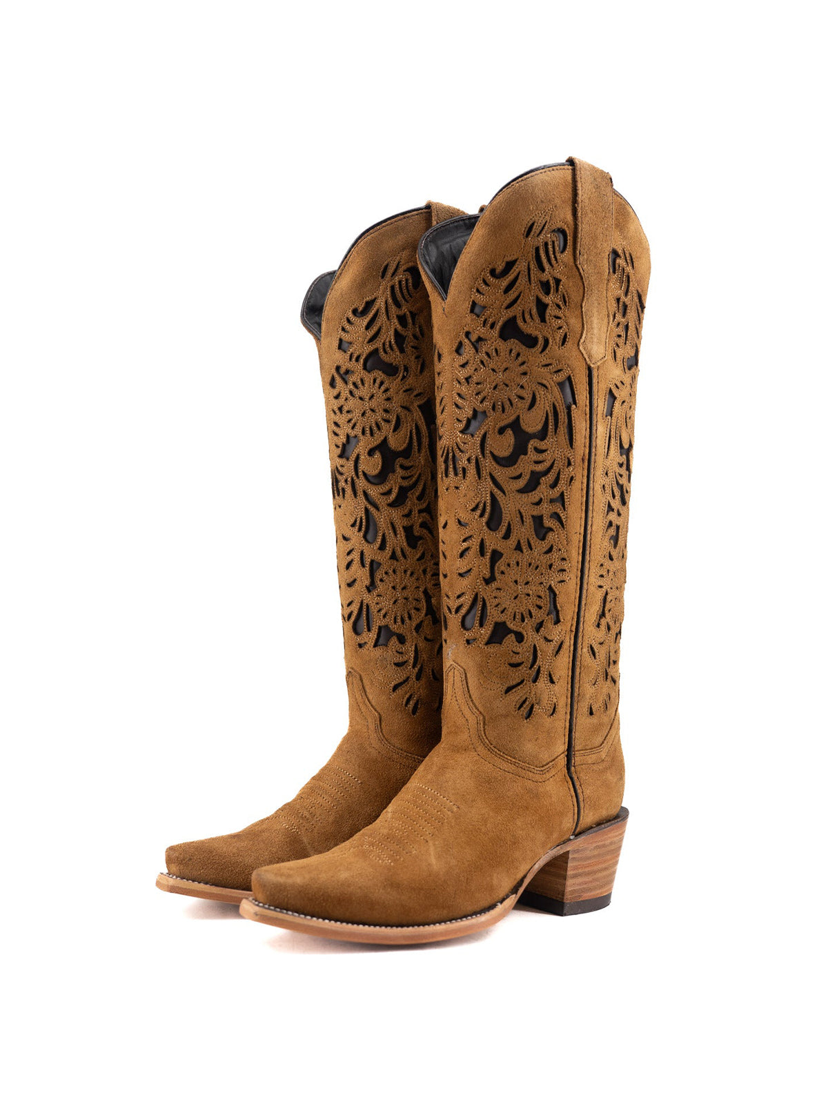 Tan Faux Suede Snip-Toe Chic Inlay Wide Calf Knee High Sleek Cowgirl Boots