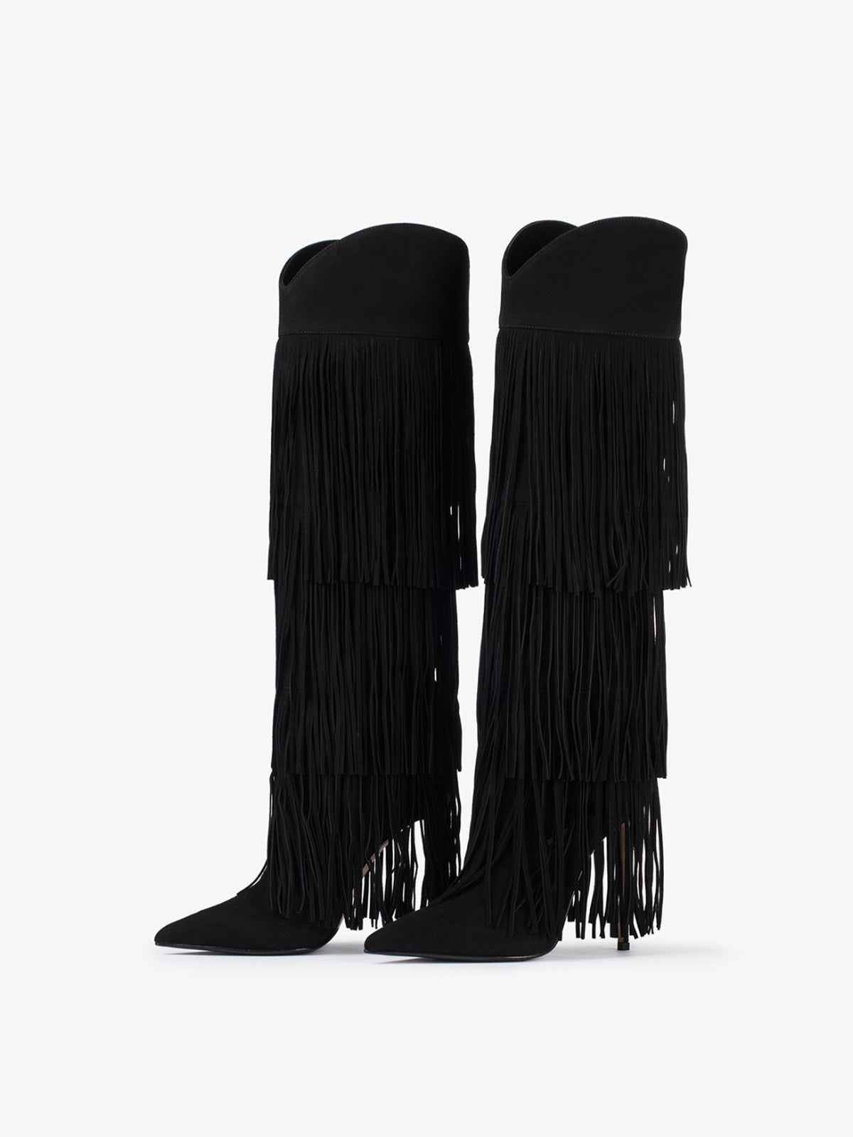 Black Faux Suede Pointed-Toe Fringe Tall Knee High Wide Calf Stiletto Boots