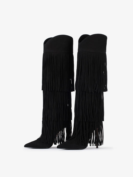 Black Faux Suede Pointed-Toe Fringe Tall Knee High Wide Calf Stiletto Boots