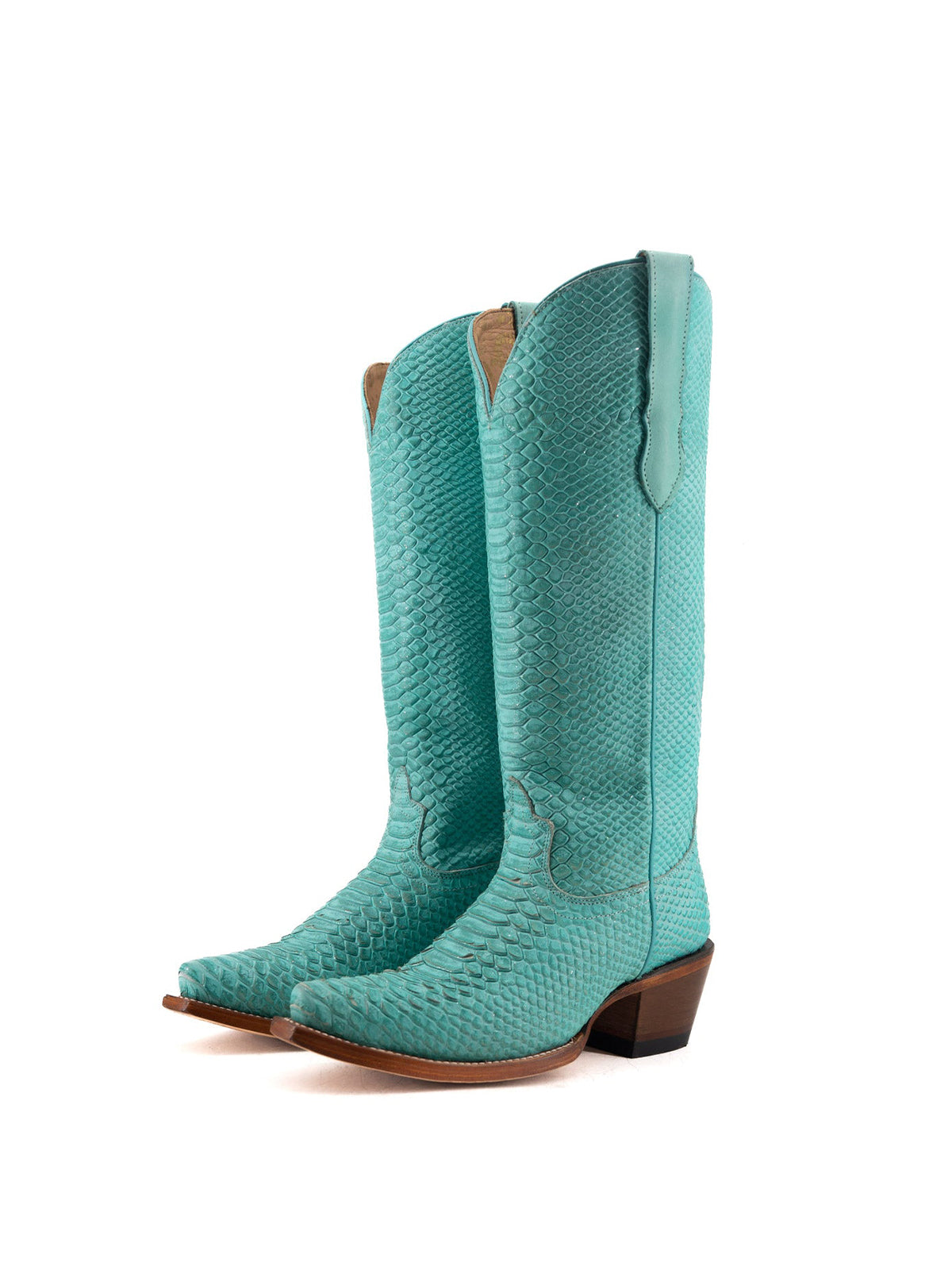 Turquoise Snakeskin Print Snip-Toe Half-Zip Knee High Cowgirl Boots