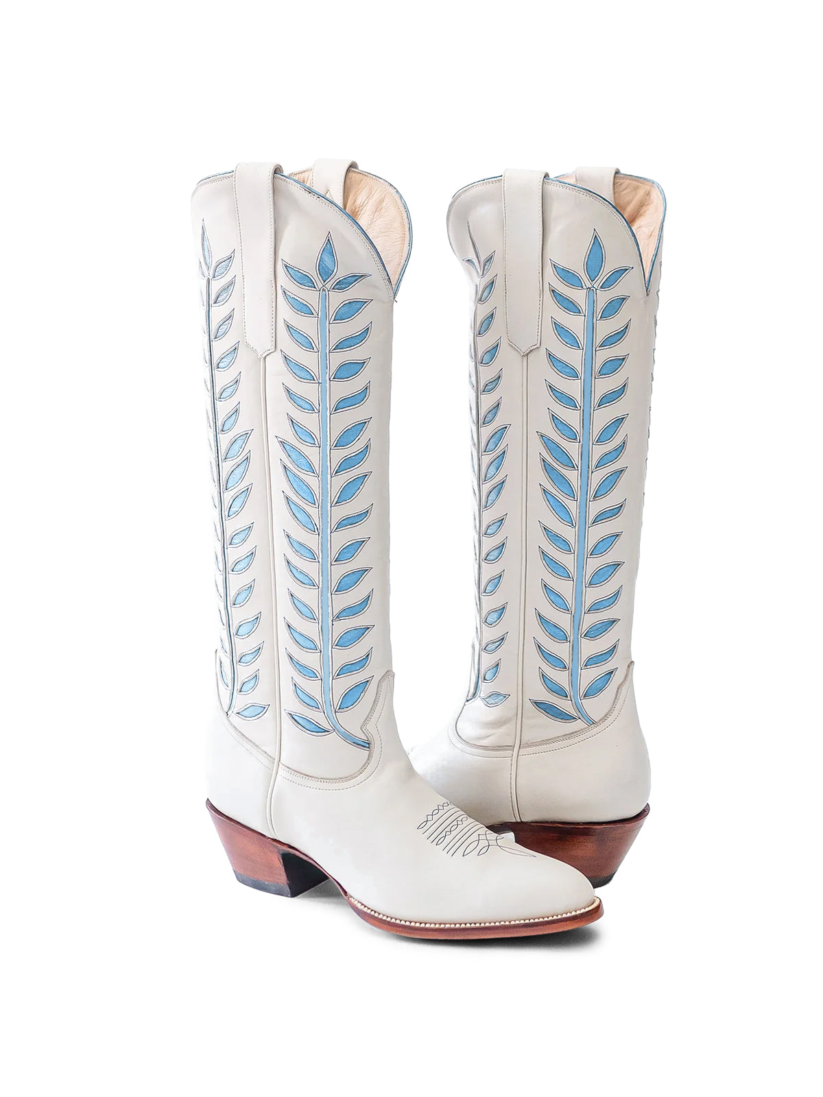 Almond-Toe Light Blue Leaves Inlay Wide Calf Tall Knee High Cowgirl Boots - White
