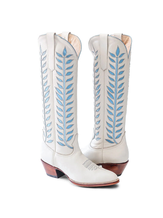 Almond-Toe Light Blue Leaves Inlay Wide Calf Tall Knee High Cowgirl Boots - White
