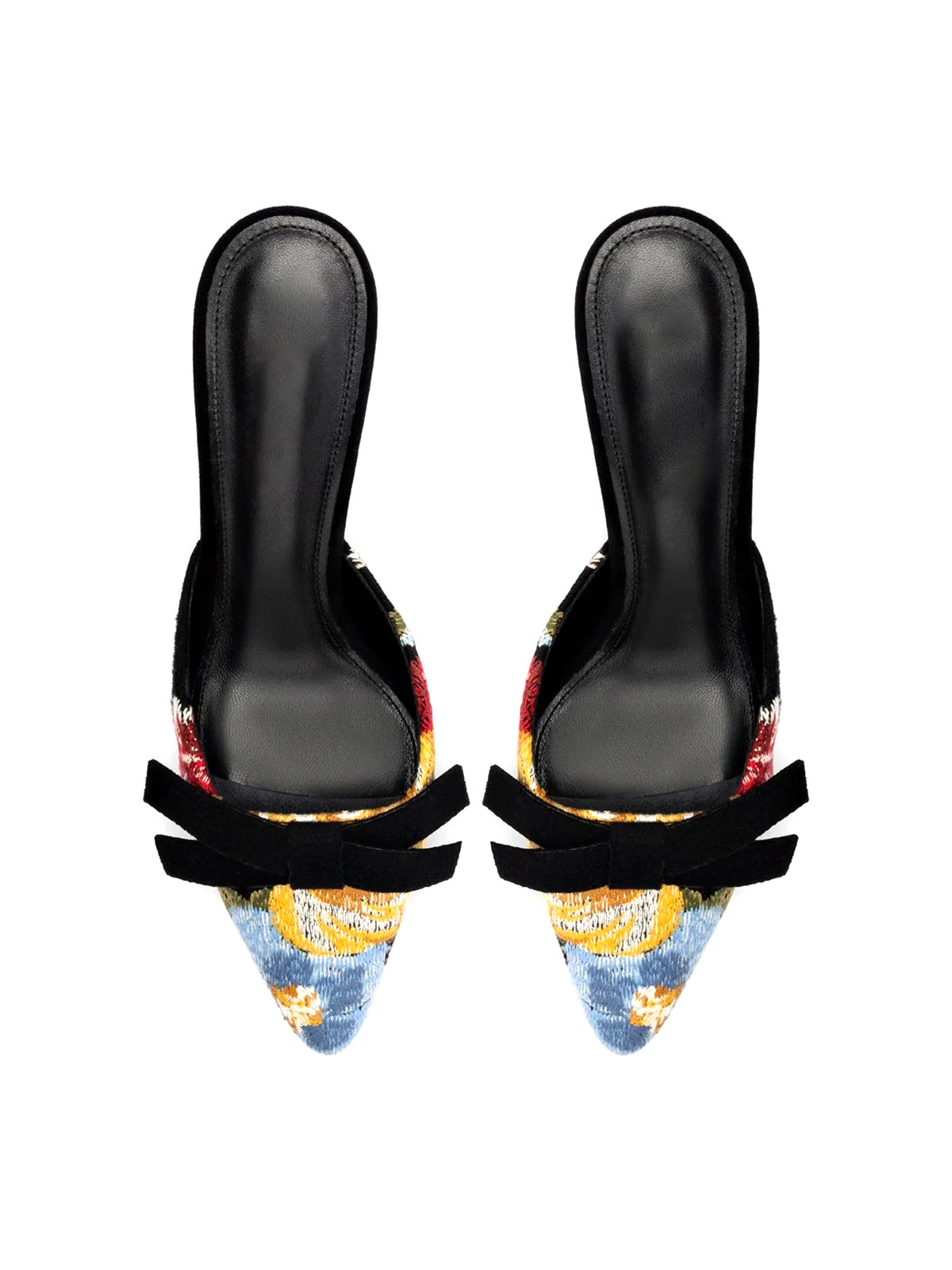 Black Faux Suede Pointed-Toe Big Flower Embroidery Front Bow High Heels