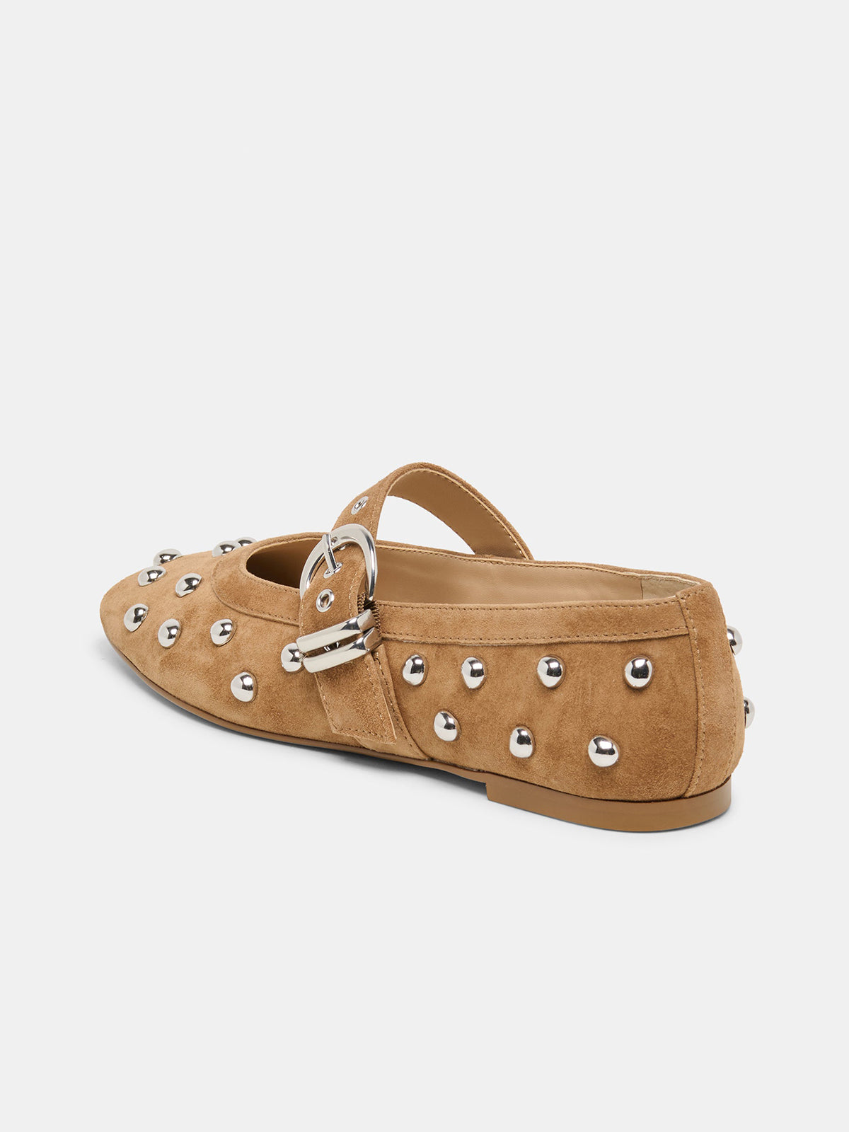 Brown Faux Suede Square-Toe Studs And Mary Jane Ballet Flats