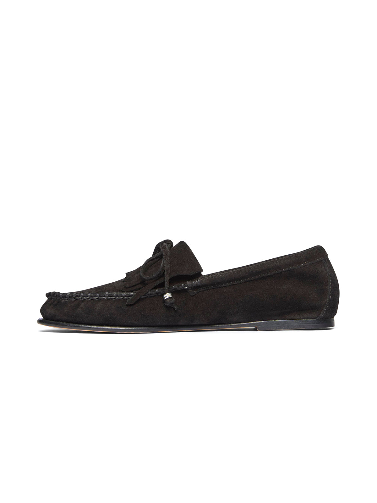 Black Cow Suede Round-Toe Front Fringe And Bow Loafers Flats
