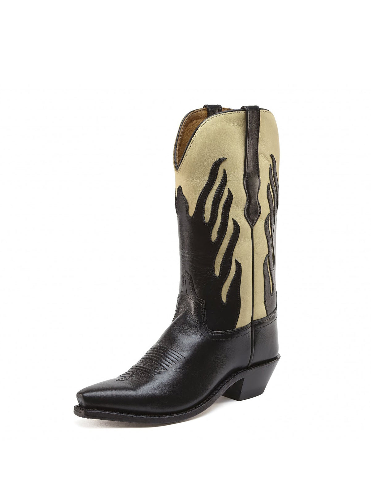 Black And Beige Snip-Toe Flame Embroidery Mid Calf Cowgirl Boots