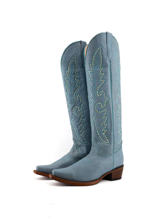 Studs And Embroidery Snip-Toe Classic Half-Zip Knee High Cowgirl Boots – Sky Blue