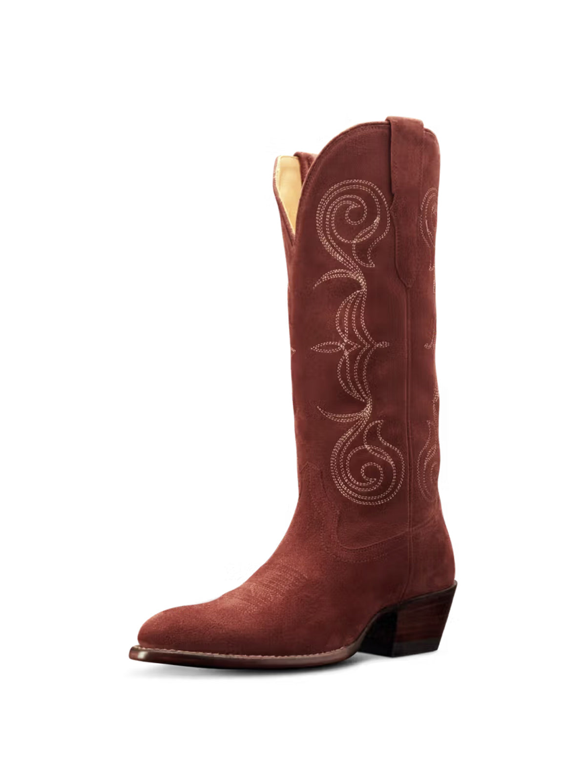 Brick Faux Suede Round-Toe Knee High Wide Calf Embroidery Cowgirl Boots