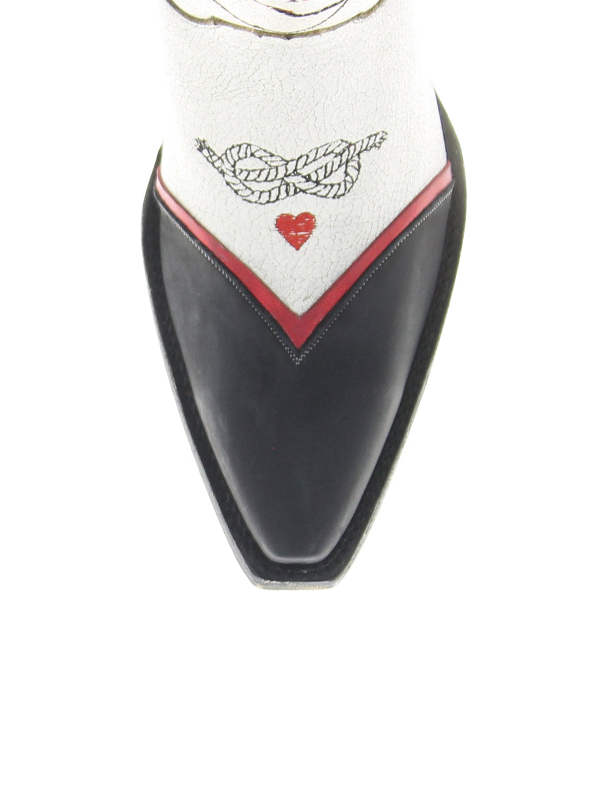 Каубойски ботуши до средата на прасеца с бродерия и апликация с бродерия в черно и бяло с изрязани пръсти