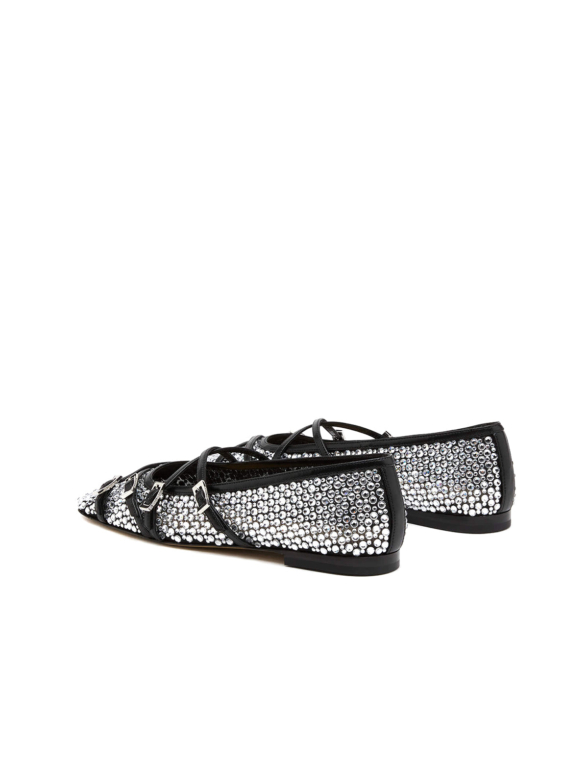 Black Rhinestone Mesh Square-Toe Strappy Ballet Flats
