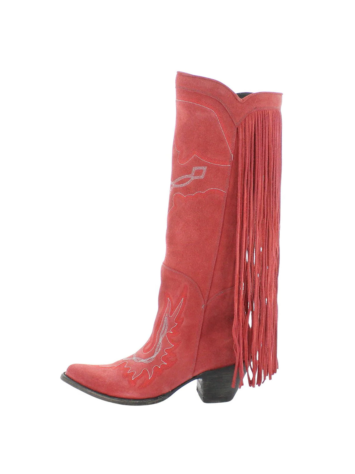 Almond-Toe Faux Suede Fringe Full-Zip Embroidery Knee High Cowgirl Boots - Red