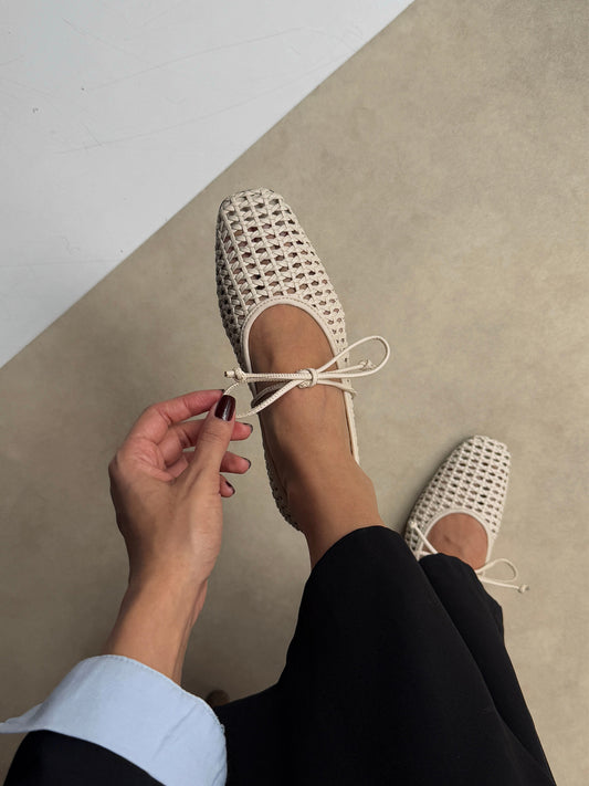 Beige Woven Vegan Leather Square-Toe Mary Jane Stylish Ballet Flats