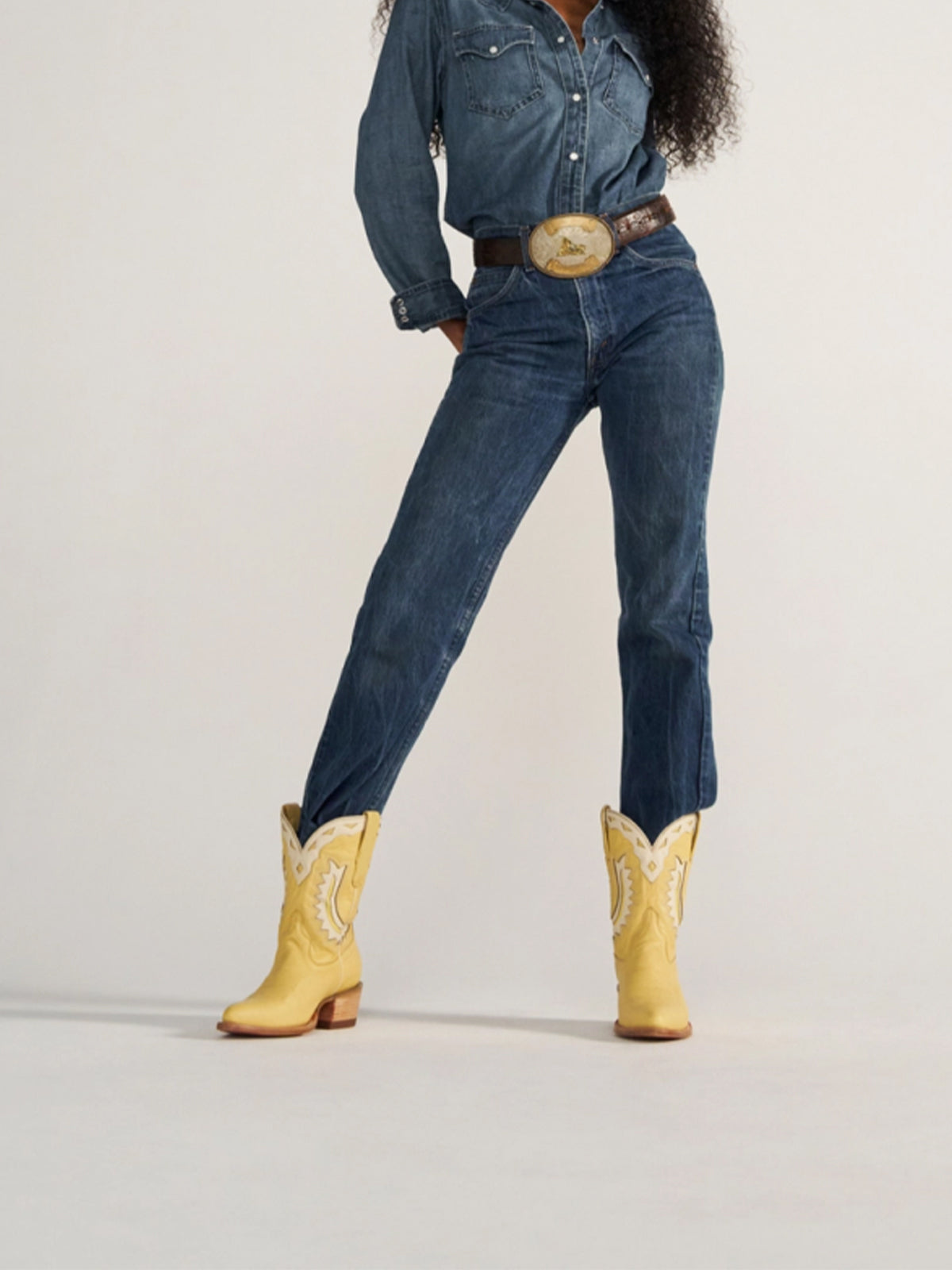 Pale Yellow Almond-Toe Horseshoe Inlay Cowgirl Ankle Boots