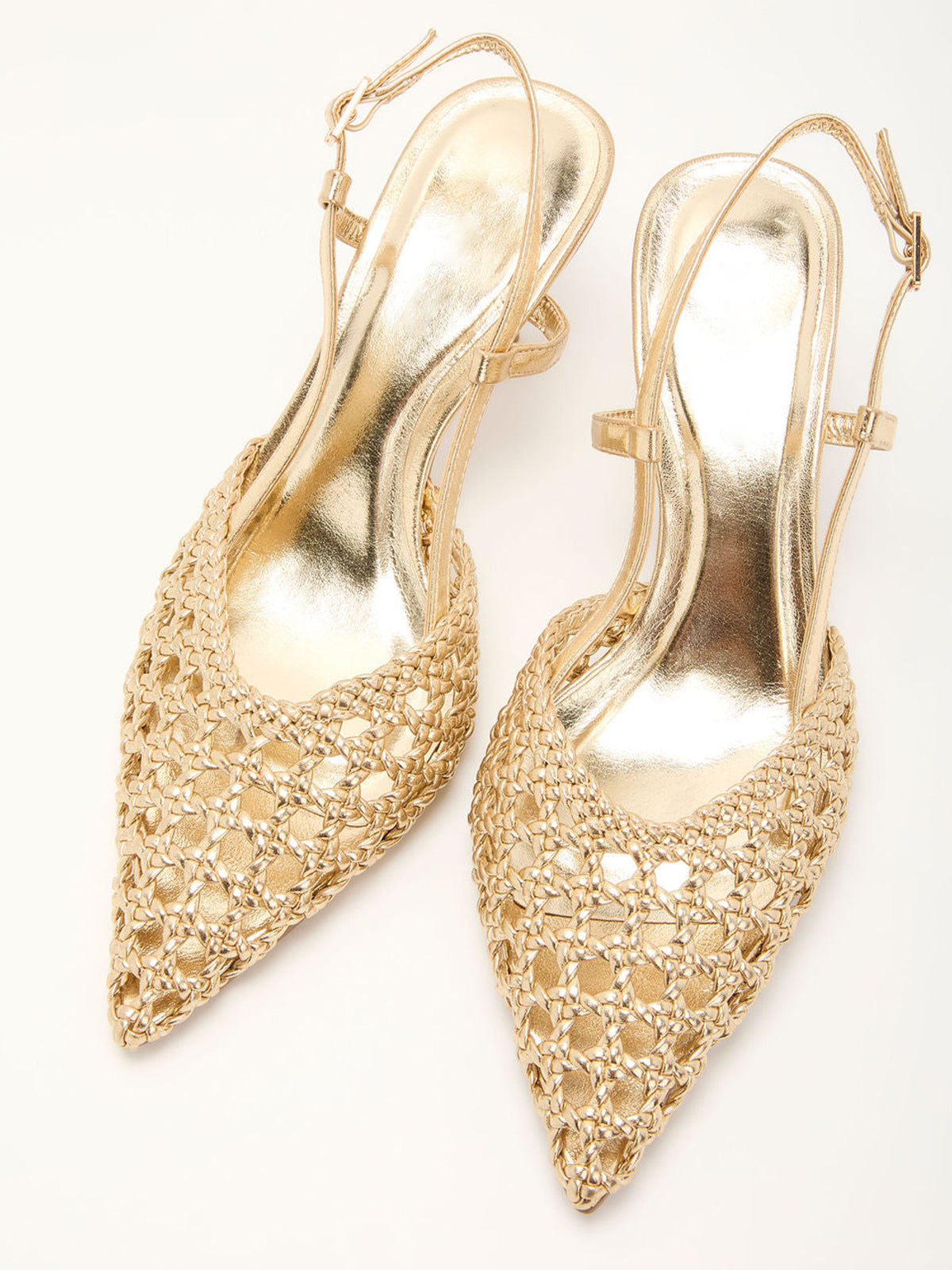 Metallic Gold Woven Vegan Leather Pointed-Toe Classic Slingback Pumps Kitten Heels