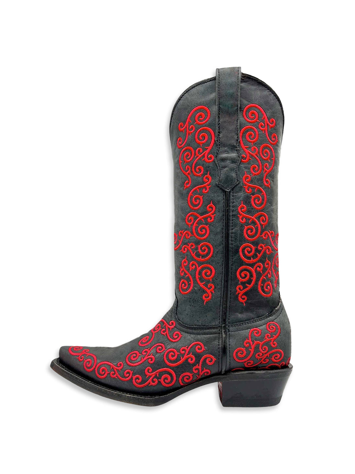 Black Snip-Toe Curl Embroidery Mid Calf Cowgirl Boots