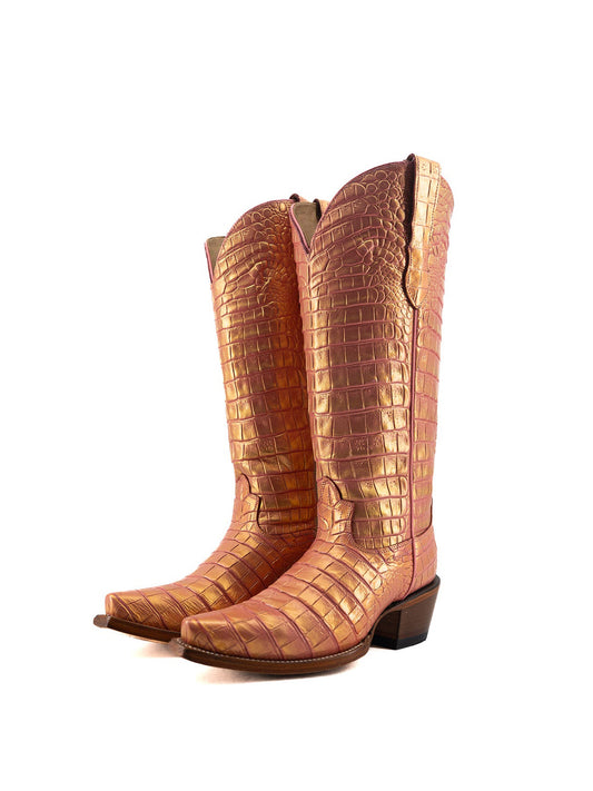 Metallic Pink Crocodile Print Snip-Toe Half-Zip Knee High Cowgirl Boots