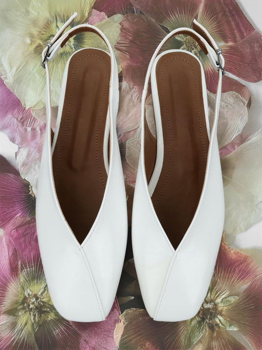 White Square-Toe Classic Buckle Back Strap Slip-On Flats
