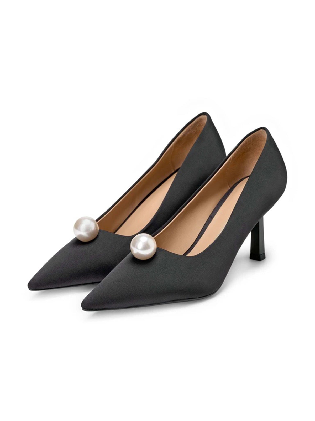 Black Satin Pointed-Toe Front Pearl Chic Kitten Heels