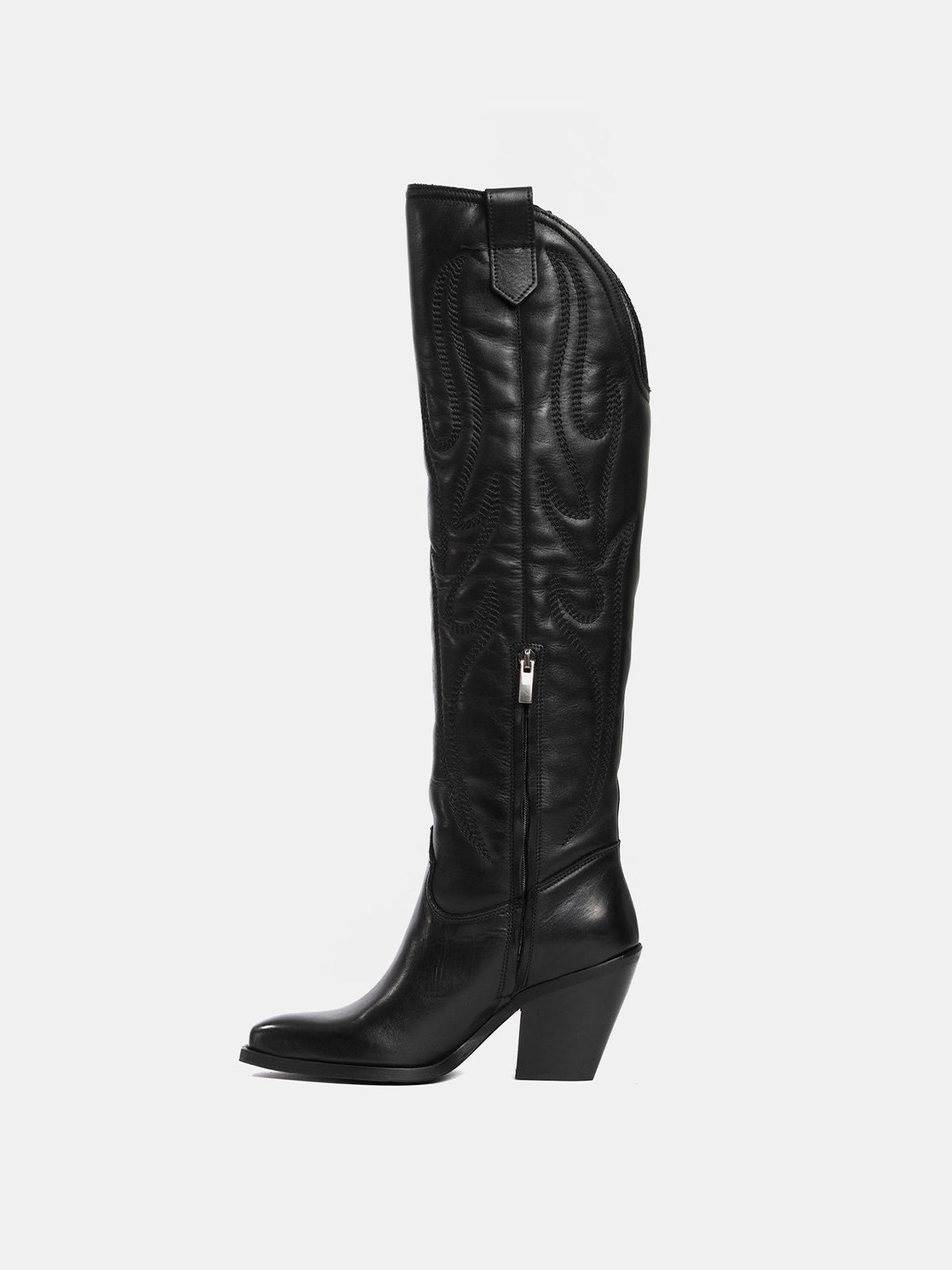 Black Classic Snip-Toe Embroidery Half-Zip Knee High Tall Cowgirl Boots