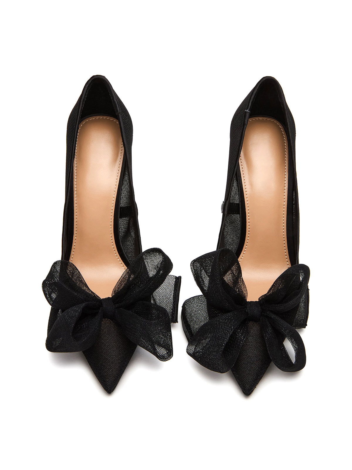 Black Satin Mesh Pointed-Toe Big Front Bow Classic High Heels