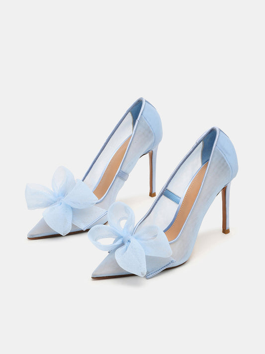 Blue Mesh Pointed-Toe Front Bow Slip-On High Heels