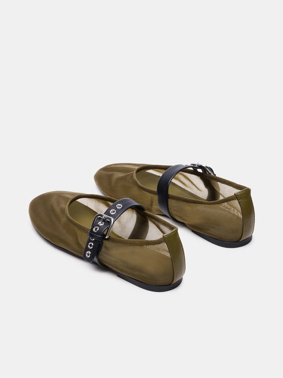 Olive Green Mesh Round-Toe Bridge Buckle Strap Ballet Flats