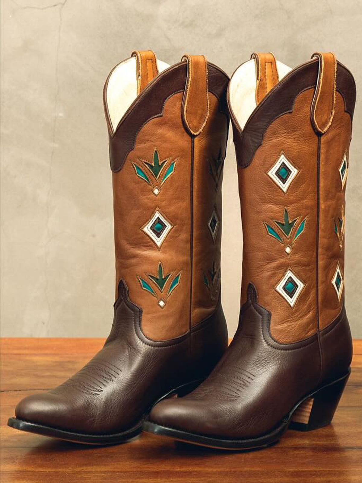 Contrast Brown And Chocolate Round-Toe Inlay Mid Calf Cowgirl Boots