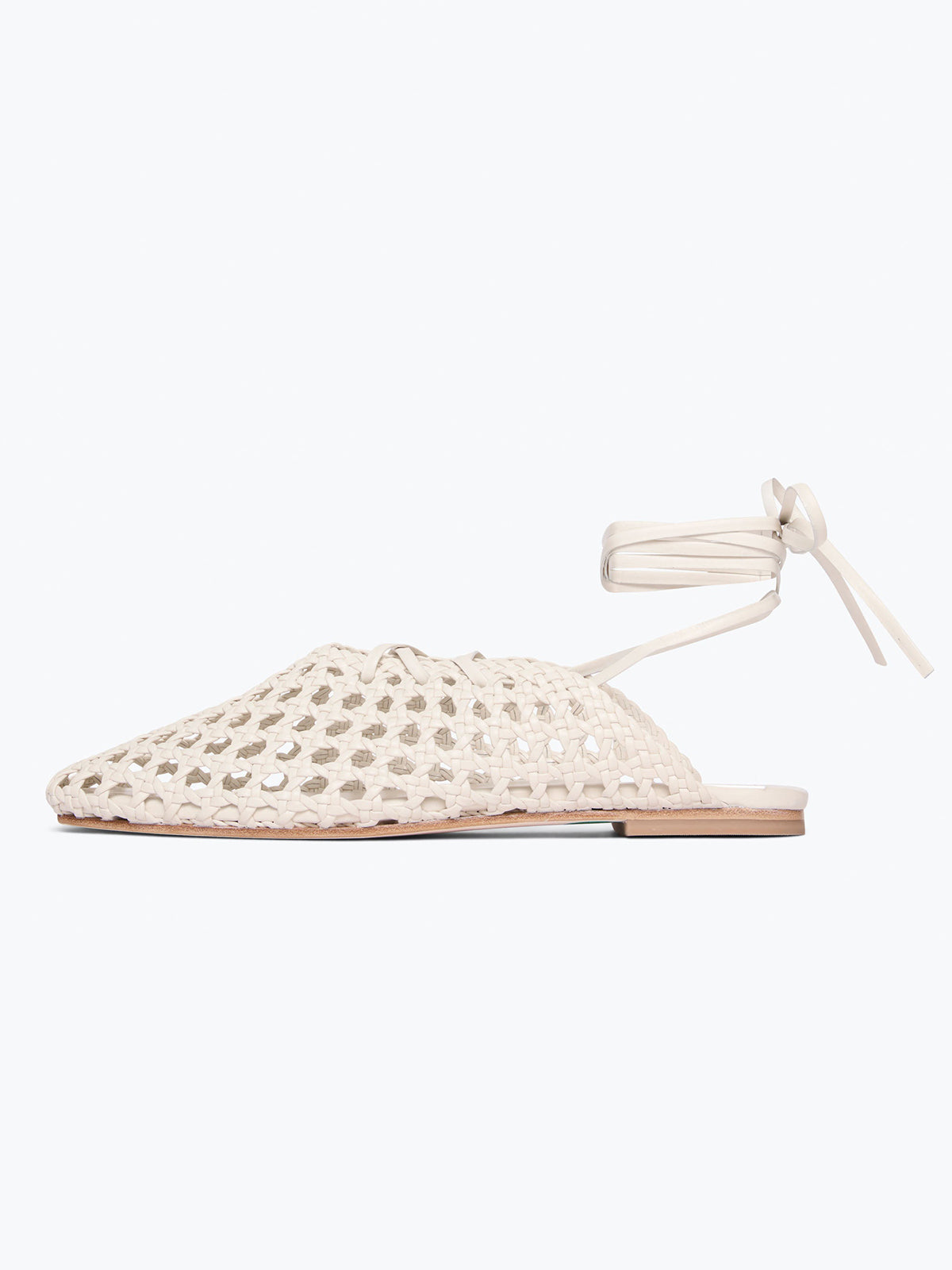 Woven Vegan Leather Square-Toe Ankle Lace-Up Backless Flats - Bone