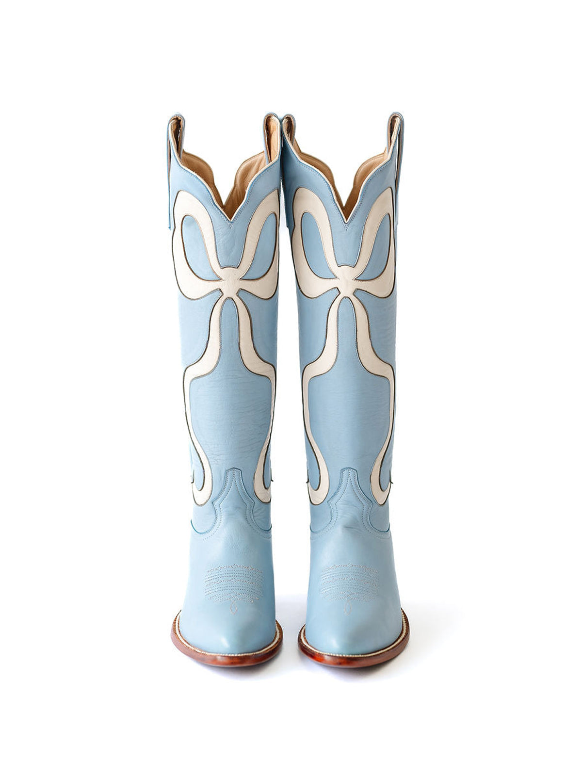 Blue Almond-Toe Wide Calf Western Boots Knee High Tall Boots With White Bowknot Inlay