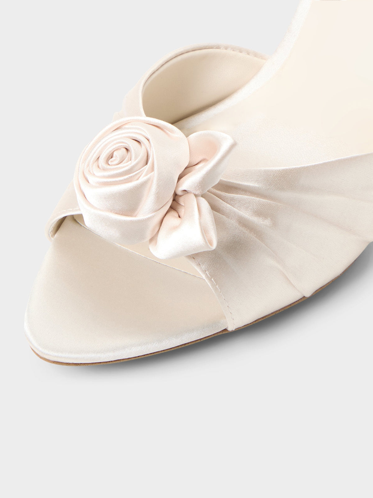Ivory Satin Peep Round-Toe Front Rose Detail Slip-On High Heels